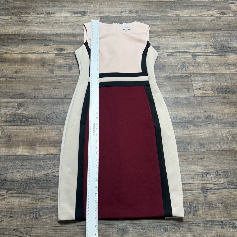 Calvin Klein Tri-Tone Midi Dress - Cream, Black, Burgundy Size 6 - Picture 2 of 12